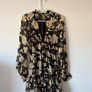 Mango Black and Cream Floral Long Sleeve Dress